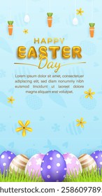 Happy easter day sale concept with podium, eggs and flowers with 3D realistic style . Suitable for banner, flyer, greeting card and showcasing product.