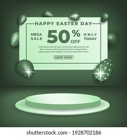 Happy easter day sale promotion banner with realistic eggs or eggs shape and 3d podium. 
Vector illustration of greeting cards, social media post, promotions, posters, brochures, web-banners.
