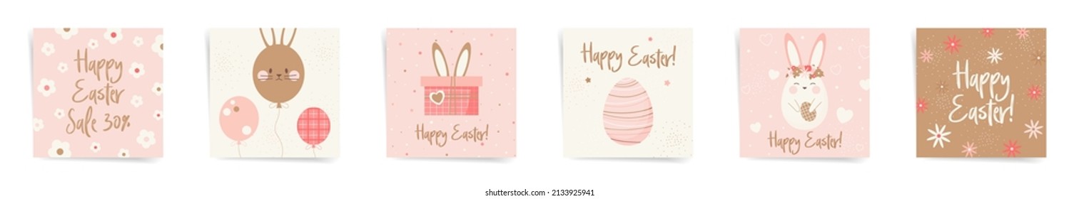 Happy easter day sale square post cute template set. Spring design for square banners, promo posts. Design with cute gift boxes, easter eggs, balloons, rabbits ears, in pink, brown, beige colors set.