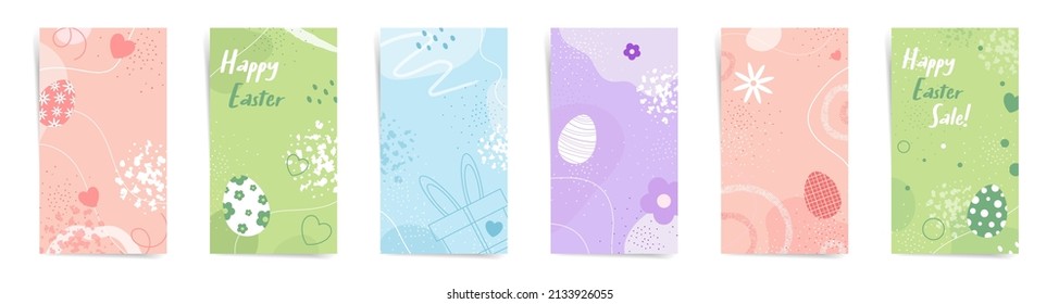 Happy Easter Day sale stories banners fashion template set. Spring design for stories, promo posts. Design with wavy patterns, flowers, easter eggs, abstract shapes in orange, blue, green colors set.