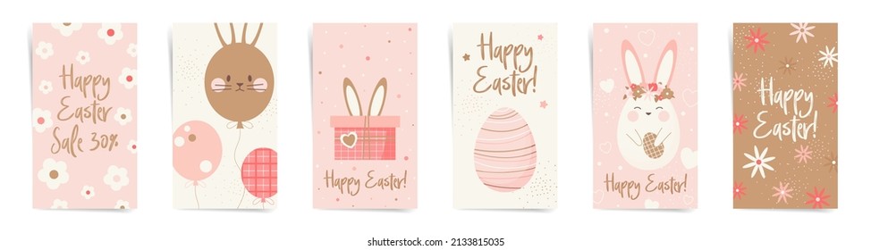 Happy easter day sale story banners elegant template set. Spring design for stories, promo posts. Design with cute gift boxes, easter eggs, balloons rabbits, flowers in pink, brown, beige colors set.