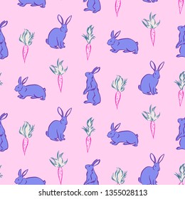 Happy Easter day seamless background. Vector cute blue bunny rabbits and carrots on pink background. Decorative hand drawn childish pattern, cartoon style.