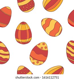 Happy Easter Day Seamless Pattern with Easter painted eggs isolated on white background. For printing wrapping paper, wallpaper, packaging, fabric. Hand Drawn vector illustration.