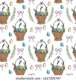 Happy Easter Day Seamless Pattern with Easter basket, painted eggs, leaf branches, bows. For printing wrapping paper, wallpaper, packaging, fabric. Hand Drawn vector illustration.