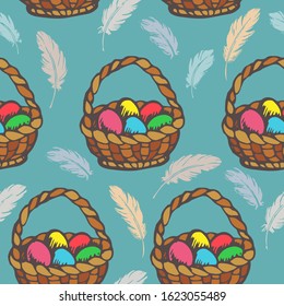 Happy Easter Day Seamless Pattern with Easter basket, painted eggs, feathers. For printing wrapping paper, wallpaper, packaging, fabric. For web pages design. Hand Drawn vector illustration.