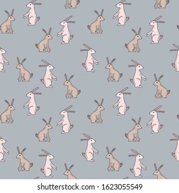 Happy Easter Day Seamless Pattern with Rabbit isolated on gray background. For printing wrapping paper, wallpaper, packaging, fabric. For web pages design. Hand Drawn vector illustration.