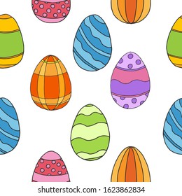 Happy Easter Day Seamless Pattern with Easter painted eggs isolated on white background. For printing wrapping paper, wallpaper, packaging, fabric. For web pages design. Hand Drawn vector illustration