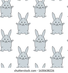 Happy Easter Day Seamless Pattern with Bunny isolated on white background. For printing wrapping paper, wallpaper, packaging, fabric. For web pages design. Hand Drawn vector illustration.
