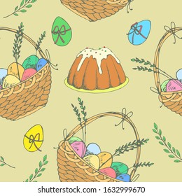 Happy Easter Day Seamless Pattern with Easter basket, cake, painted eggs, leaf branches. For printing wrapping paper, wallpaper, packaging, fabric. Hand Drawn vector illustration.