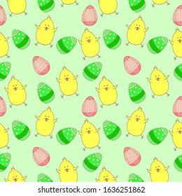 Happy Easter Day Seamless Pattern with yellow chick, painted eggs. For printing wrapping paper, wallpaper, packaging, fabric. For web pages design. Hand Drawn vector illustration.