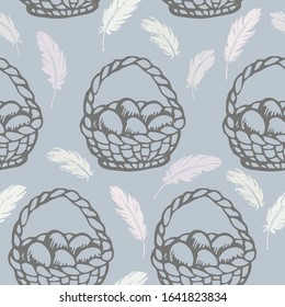 Happy Easter Day Seamless Pattern with basket, feathers. For printing wrapping paper, wallpaper, packaging, fabric. For web pages design. Hand Drawn vector illustration.