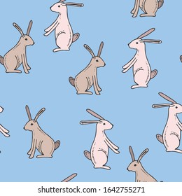 Happy Easter Day Seamless Pattern with Bunny. For printing wrapping paper, wallpaper, packaging, fabric. For web pages design. Hand Drawn vector illustration.