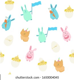 Happy Easter Day Seamless Pattern with eggs, yellow chick, unicorn cat and Bunny. For printing wrapping paper, wallpaper, packaging, fabric. For web pages design. Hand Drawn vector illustration.