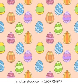 Happy Easter Day Seamless Pattern with painted eggs. For printing wrapping paper, wallpaper, packaging, fabric. For web pages design. Hand Drawn vector illustration.