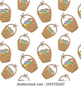 Happy Easter Day. Seamless Pattern with Easter basket and painted eggs. For printing wrapping paper, wallpaper, packaging, fabric. Hand Drawn vector illustration.