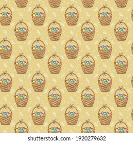 Happy Easter Day. Seamless Pattern with Easter basket and painted eggs. For printing wrapping paper, wallpaper, packaging, fabric. Hand Drawn vector illustration.