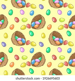 Happy Easter Day. Seamless Pattern with Easter basket and painted eggs. For printing wrapping paper, wallpaper, packaging, fabric. Hand Drawn vector illustration.
