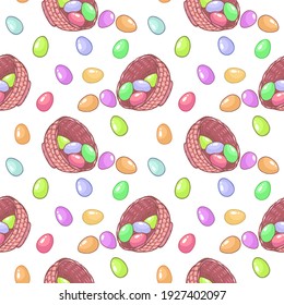 Happy Easter Day. Seamless Pattern with Easter basket and painted eggs. For printing wrapping paper, wallpaper, packaging, fabric. Hand Drawn vector illustration.