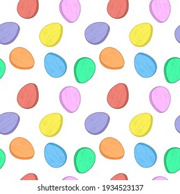 Happy Easter Day. Seamless Pattern with wooden decoration in the form of eggs. For printing on wrapping paper, wallpaper, packaging, fabric. Hand drawn vector illustration.
