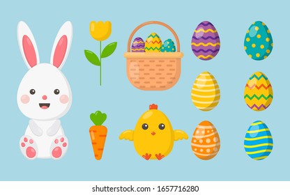 Happy Easter day set. cartoon character rabbits and chicks isolated on blue background. vector Illustration.