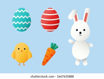 feliz día de Pascua. caricatura de conejos y pollitos aislados en fondo azul. ilustración vectorial.