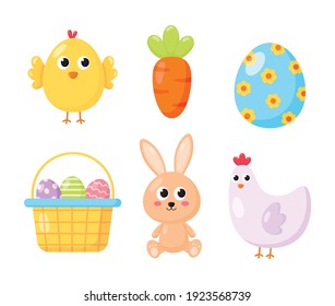 Happy Easter day set. cartoon character rabbits and chicks isolated on white background. vector Illustration.