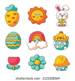 Happy Easter day set. cartoon character rabbits and chicks isolated on white background. vector Illustration.
