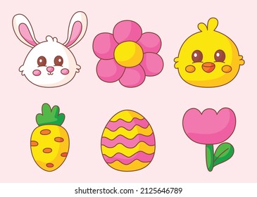 Happy Easter day set. cartoon character rabbits and chicks isolated on pink background. vector Illustration.