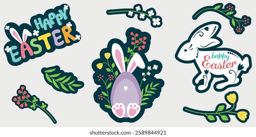 Happy Easter Day, Set of Decorative Elements, Stickers, Hand Drawn, Concept, Social Media, Abstract Background, Easter Banner, Isolated, Bunny, Flower, Egg, Flat, Vector Illustration