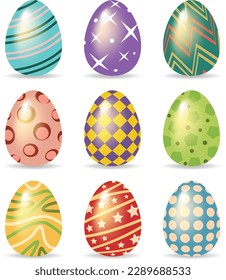 Happy Easter day. Set of Easter eggs glossy style on a white background. Vector Illustration