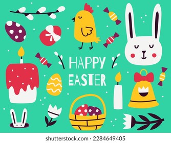 Happy Easter day. Set of simple freehand Easter design elements. Cute characters, clipart, symbols of Easter. Bunny, chicken, eggs, cake. Flat vector illustrations for Easter cards, poster