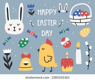 Feliz Día de Pascua. Conjunto de elementos de diseño minimalista de Pascua, estilo infantil. Caracteres, clipart, símbolos de Pascua. Conejo, pollo, huevos, sauce, canasta. Isolación de ilustraciones vectoriales planas