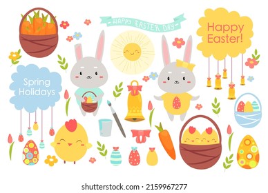 Happy Easter day set vector illustration. Cartoon cute chick and funny bunny animals, garden spring flowers and leaves of grass, basket with eggs isolated on white. Religious holiday, Easter concept