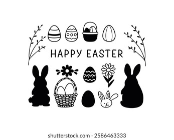 Happy Easter Day Silhouette Icon Set with Bunny, Eggs, Flowers, and Festive Holiday Symbols