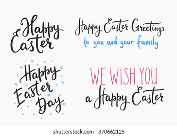 Happy easter day simple lettering set. Calligraphy postcard or poster graphic design lettering element. Hand written calligraphy style easter postcard chalk board style. Photography overlay sign set.