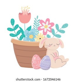 happy easter day, sleeping rabbit eggs basket with flowers foliage decoration vector illustration