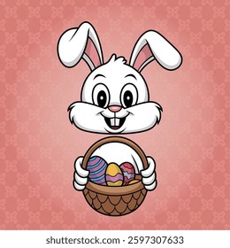 Happy Easter day smile bunny cartoon vector greeting card template with pink pattern. Vector illustration 
