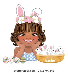 Happy Easter Day with Smiling Black Girl Posing Hand Under Chin Wearing Bunny Ears Headband and Easter Bunny Basket Cartoon Character Vector