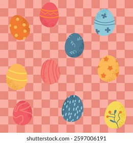 Happy Easter day spring seamless checkered pattern background with simple elements painted eggs