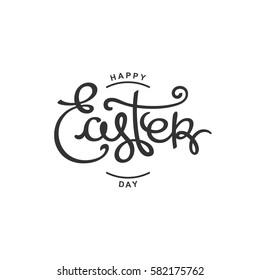 Happy Easter Day. Spring season holiday message. Handwritten lettering composition.
 Vector design elements.  