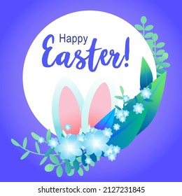 Happy Easter Day. Spring Time. Beautiful and colorful background with rabbit ears, flowers, leaves, plants. Illustration for banner, social media post, web site and flyers