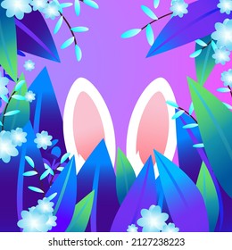 Happy Easter Day. Spring Time. Beautiful and colorful background with rabbit ears, flowers, leaves, plants. Illustration for banner, social media post, web site and flyers