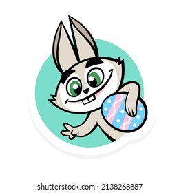 Happy Easter Day Sticker with cute bunny holding egg. Vector rabbit mascot illustration isolated on white background