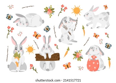 Happy Easter day stickers colorful collection with cute bunny, birds, eggs, sweet cupcakes, spring flowers and other elements. Easter icon set isolated on white. Vector flat cartoon illustration.