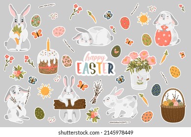 Happy Easter day stickers colorful collection with cute bunny and Easter's elements. Vector flat cartoon illustration.