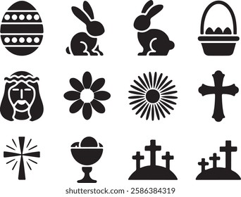 Happy Easter Day Symbols Set Silhouette Vector