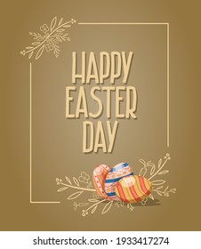 Happy easter day text with painted eggs and contour twigs as elements in frame. Happy easter card vector illustration.