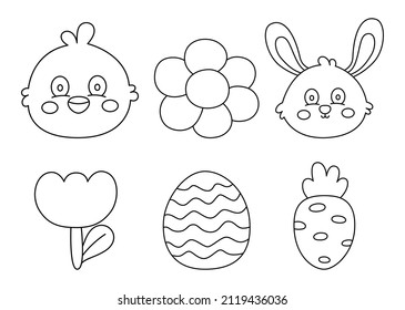 Happy Easter day thin line icons set. cartoon character rabbits and chicks isolated on white background. vector Illustration.