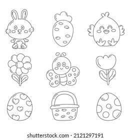 Happy Easter day thin line icons set. cartoon character rabbits and chicks isolated on white background. vector Illustration.