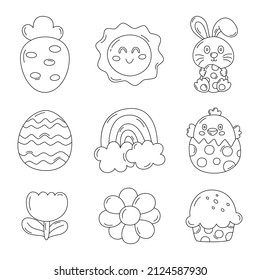 Happy Easter day thin line icons set. cartoon character rabbits and chicks isolated on white background. vector Illustration.